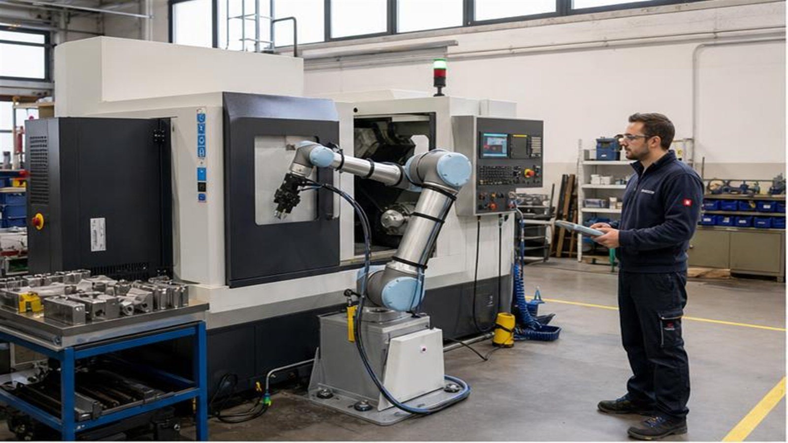 Cobot in una PMI manifatturiera italiana con operatore che supervisiona la macchina