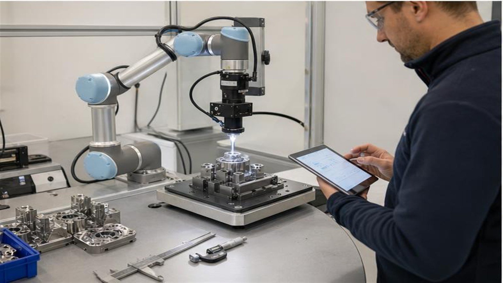 Robot con sistema di visione che controlla componenti metallici in una stazione qualità