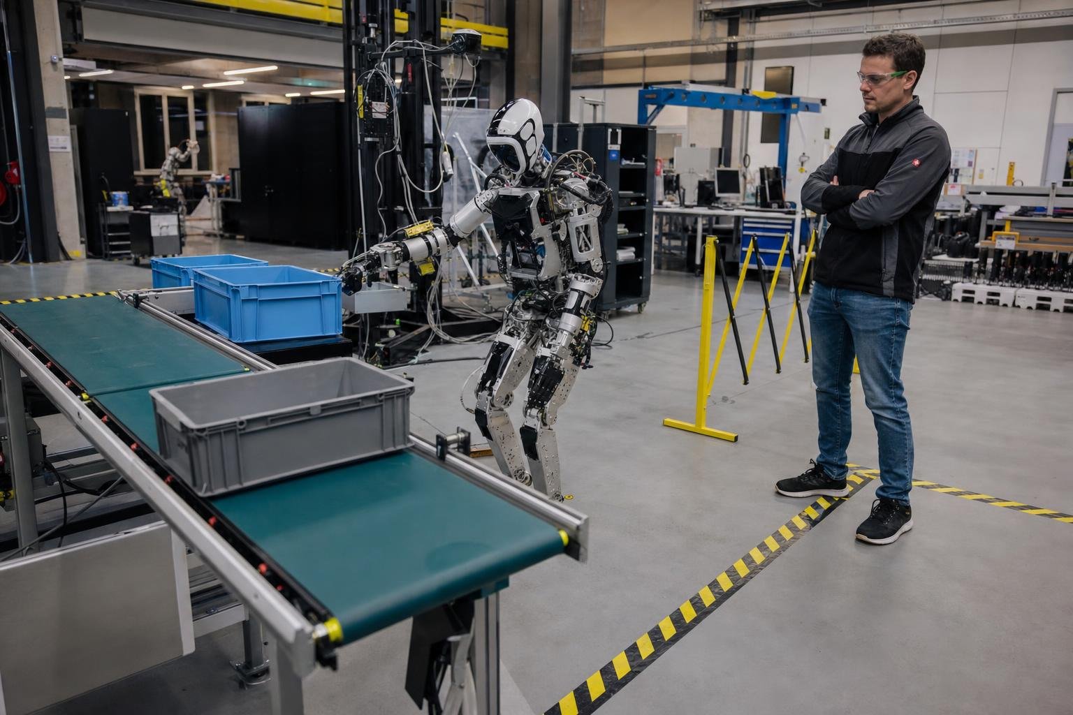 Robot umanoide in cella pilota industriale che carica parti leggere su un conveyor dietro una protezione