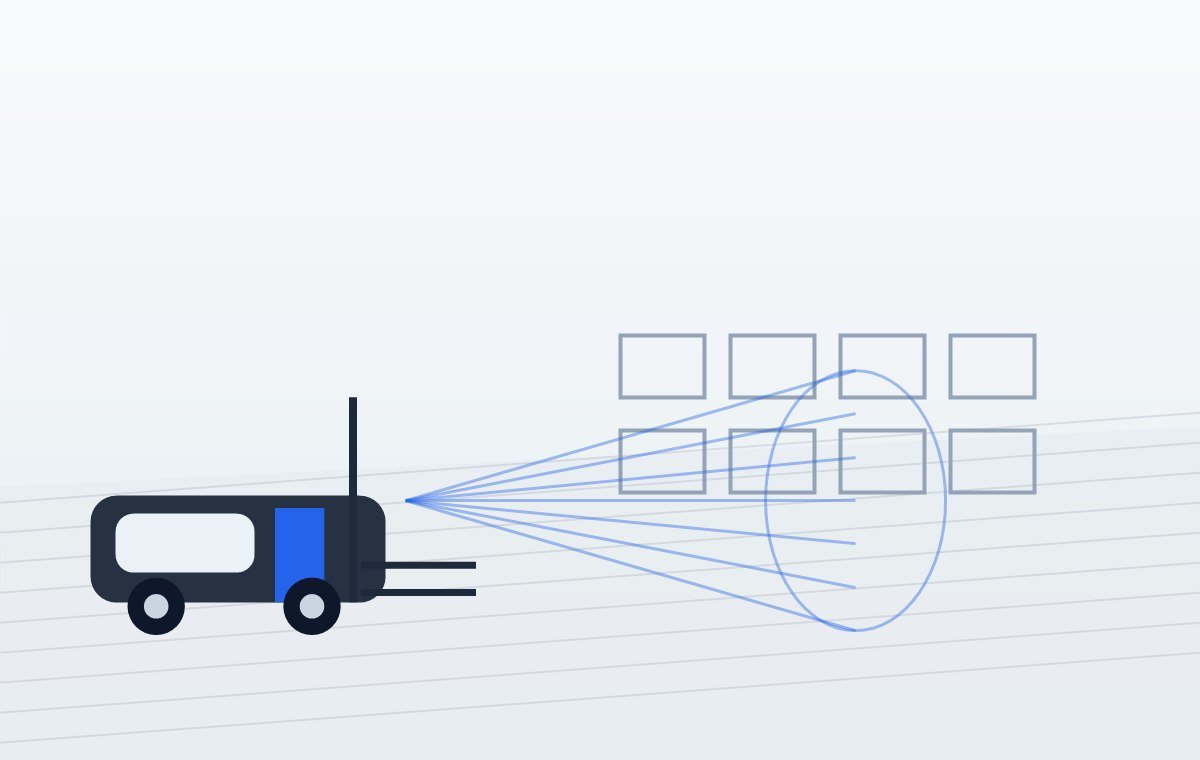 Forklift AMR che mappa scaffali e pallet con coni di visione in magazzino