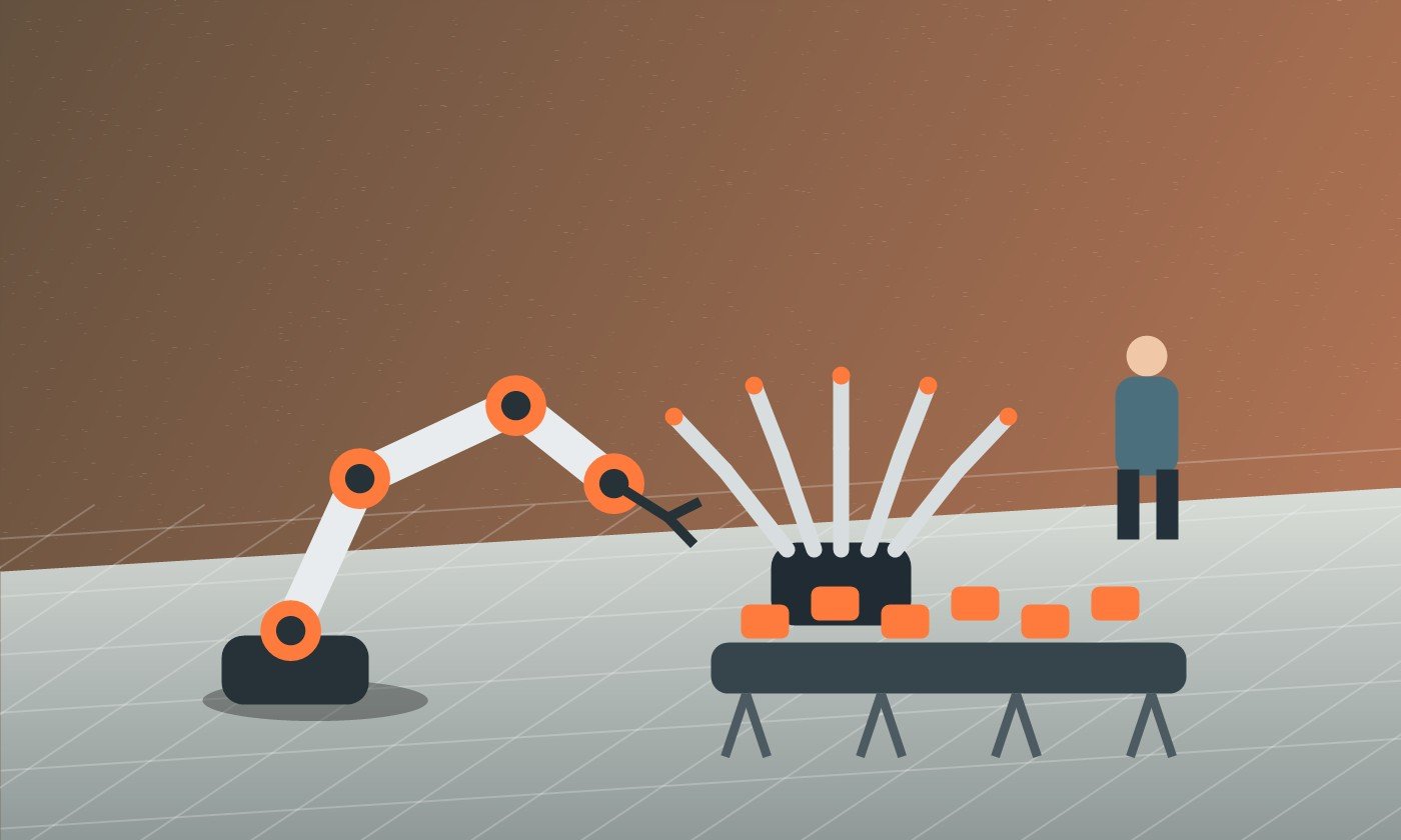 Cobot e mano robotica che manipolano piccoli componenti su conveyor