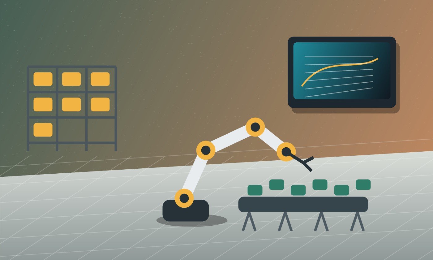 Cella robotica con scaffale, conveyor e schermo di controllo per programmi replicabili