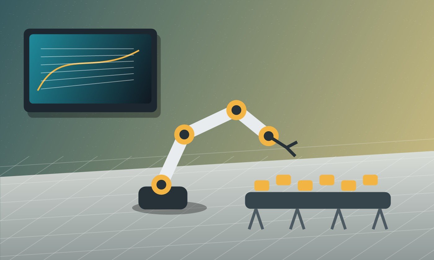 Cella robotica con braccio industriale e schermo di simulazione per programmazione robot offline