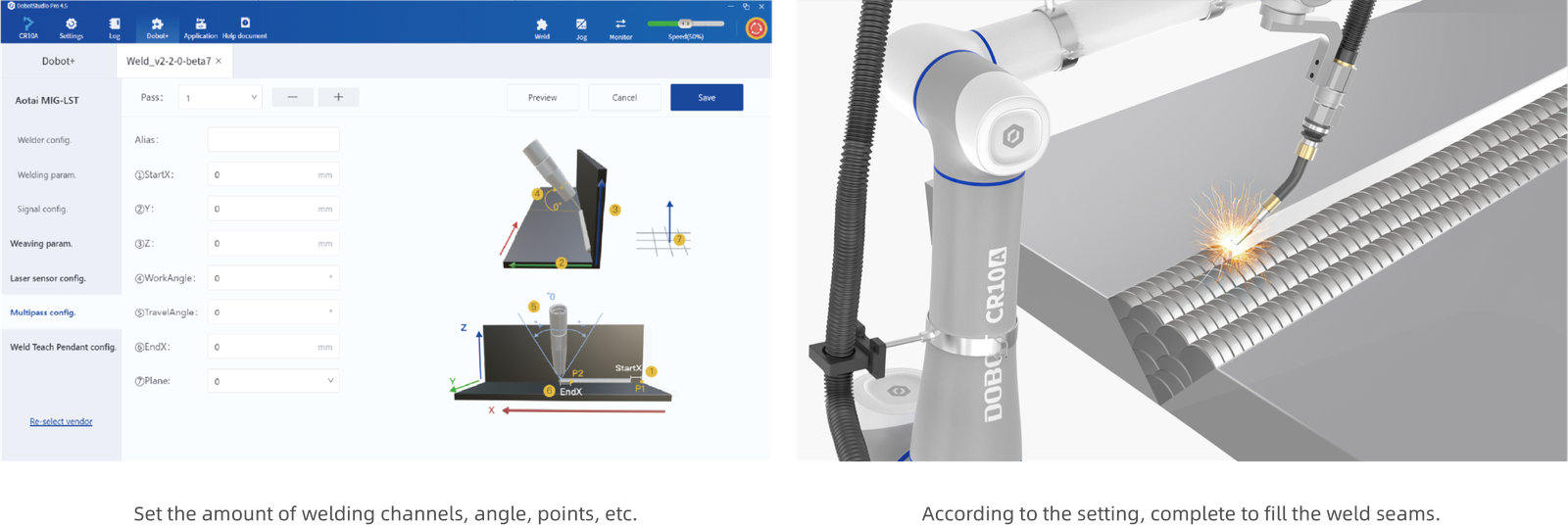 Cella robotica di saldatura con torcia MIG in azione
